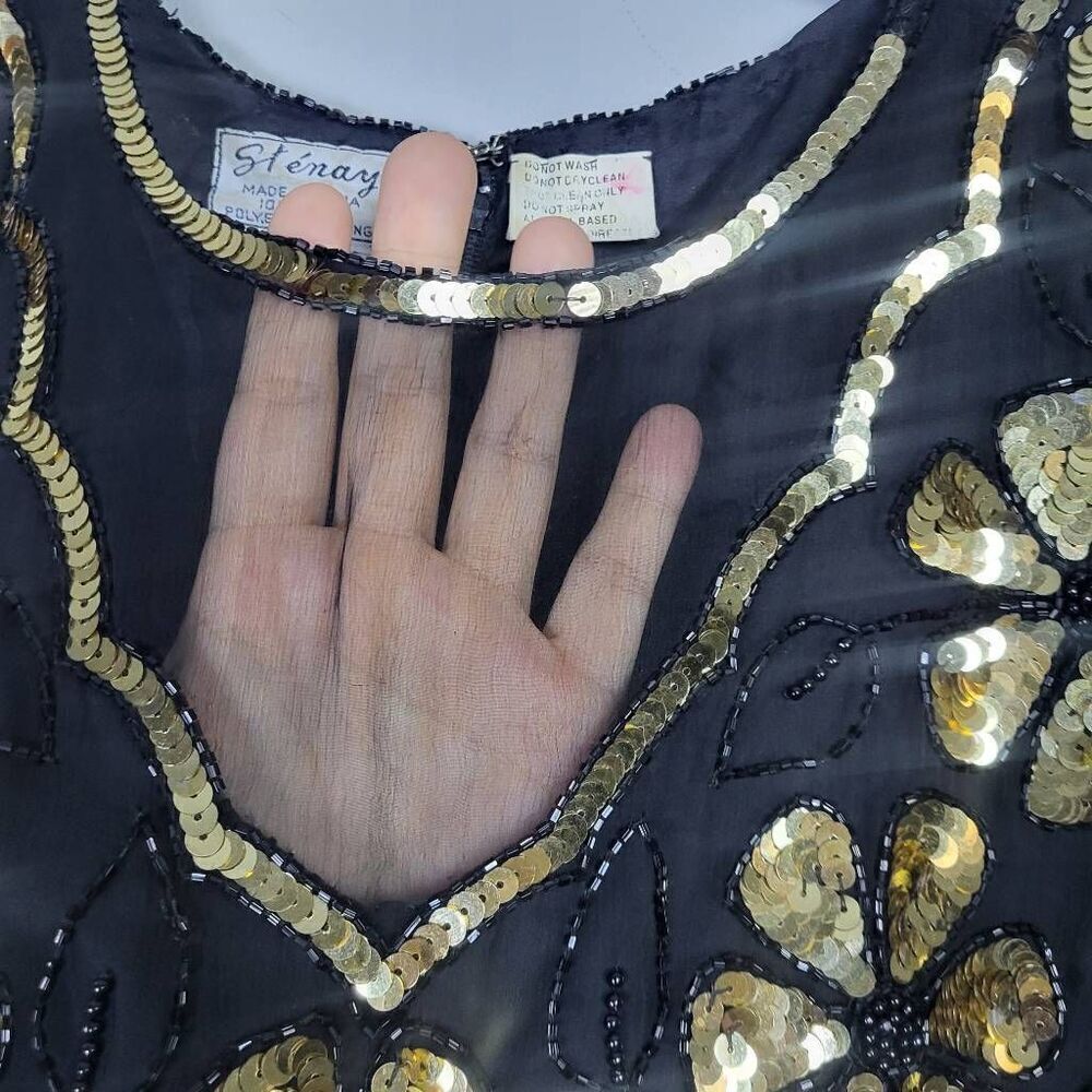 VTG Stenay Womens Silk Sequin Top Size Medium Black Gold Floral Beaded Swiftie - Picture 3 of 7